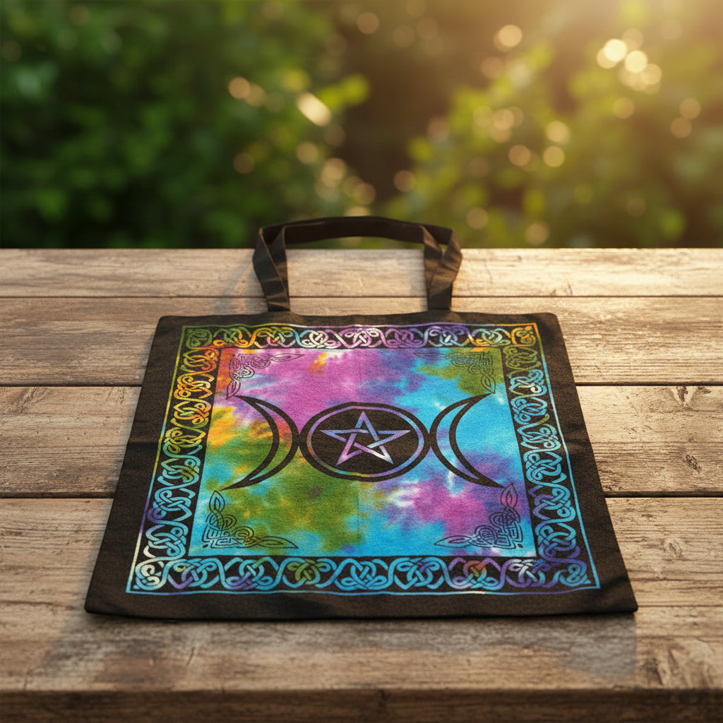 Triple Moon Pentacle Tote Bag, 18x18 inch tie dye and black canvas tote, front view