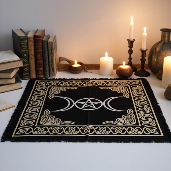 Triple Moon Pentagram altar cloth fabric altar cover for ritual use, tarot readings, and sacred space decoration.