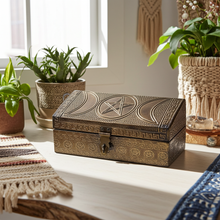 Triple Moon Pentagram carved metal over wood box for storing jewelry, tarot tools, and small ritual items.