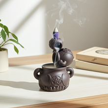 Triple Moon Pentagram cauldron backflow cone burner for burning incense cones, meditation, and altar decor.