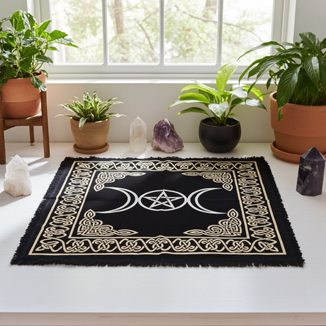 Triple Moon Pentagram altar cloth fabric altar covering for ritual work, tarot readings, and spiritual practice.