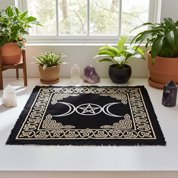 Triple Moon Pentagram altar cloth fabric altar covering for ritual work, tarot readings, and spiritual practice.