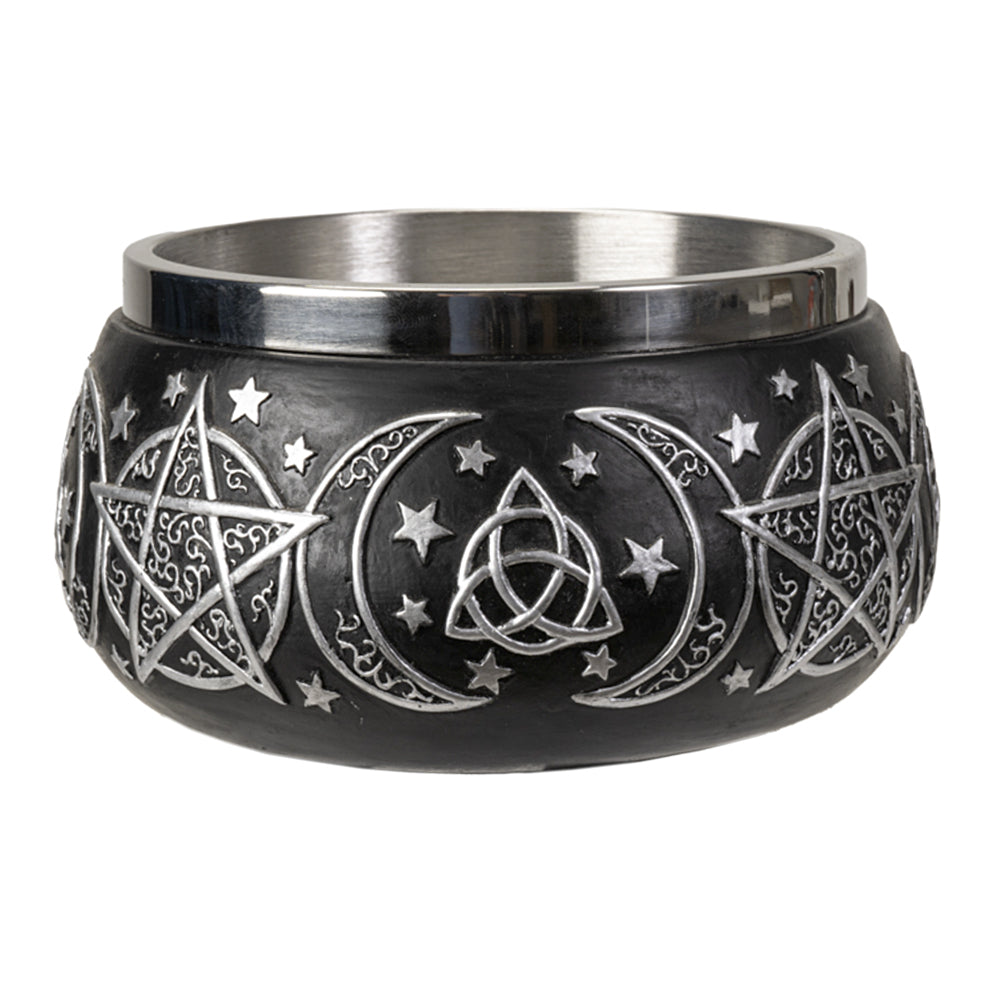 Triple Moon Pentagram smudge bowl ceramic holder for burning herbs, incense, and ritual cleansing use.