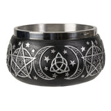 Triple Moon Pentagram smudge bowl ceramic holder for burning herbs, incense, and ritual cleansing use.
