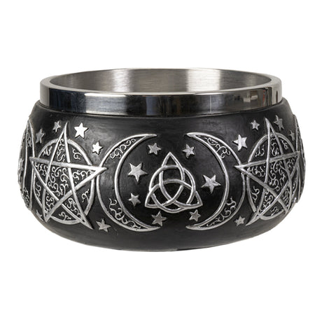 Triple Moon Pentagram smudge bowl ceramic holder for burning herbs, incense, and ritual cleansing use.