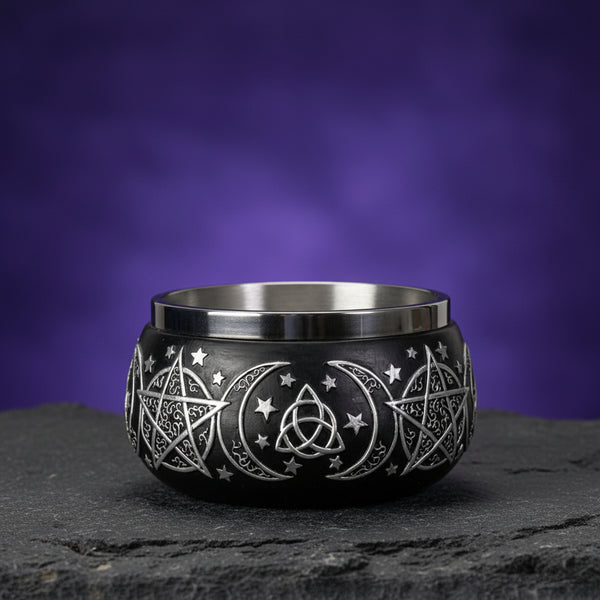 Triple Moon Pentagram smudge bowl ceramic holder for burning herbs, incense, and ritual cleansing use.