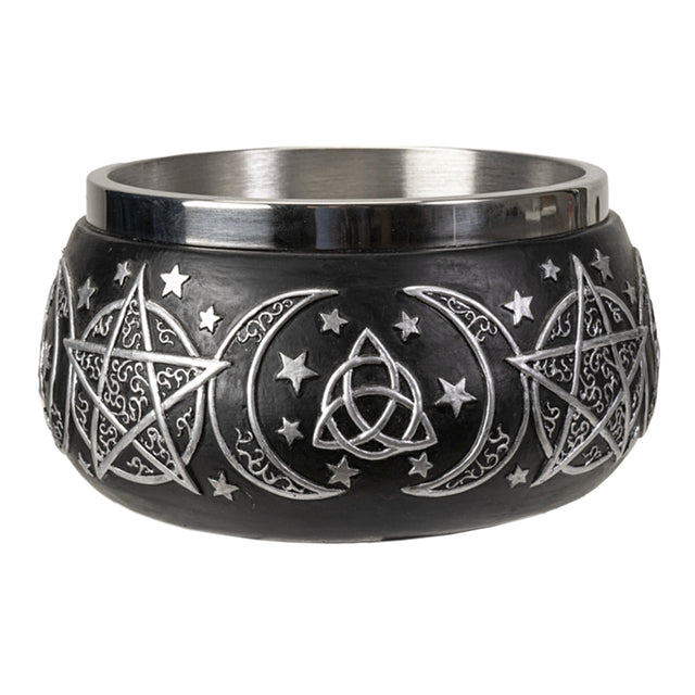 Triple Moon Pentagram smudge bowl ceramic holder for burning herbs, incense, and ritual cleansing use.