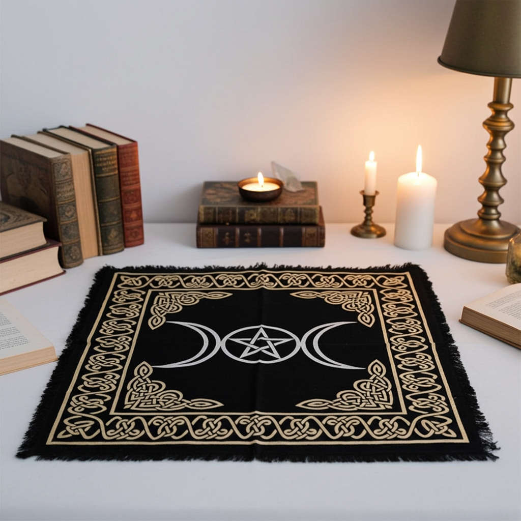 Triple Moon Pentagram spiritual altar cloth for creating a ritual space, prayer, and energy work.