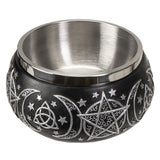 Triple Moon Wiccan smudge bowl with pentagram motif for burning sage, herbs, and spiritual ritual use.