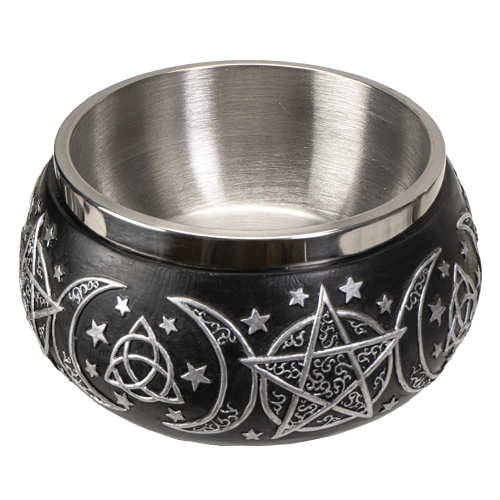 Triple Moon Wiccan smudge bowl with pentagram motif for burning sage, herbs, and spiritual ritual use.