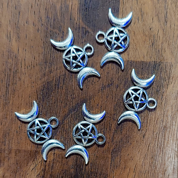 Triple Moon with Pentacle Charm pendant for jewelry making and altar decoration