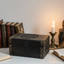 Triple Pentagram Wooden Chest closed view for protecting crystals, cards, and small keepsakes.