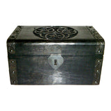 Triple Pentagram Wooden Chest interior view showing velvet lining for jewelry and ritual item storage.