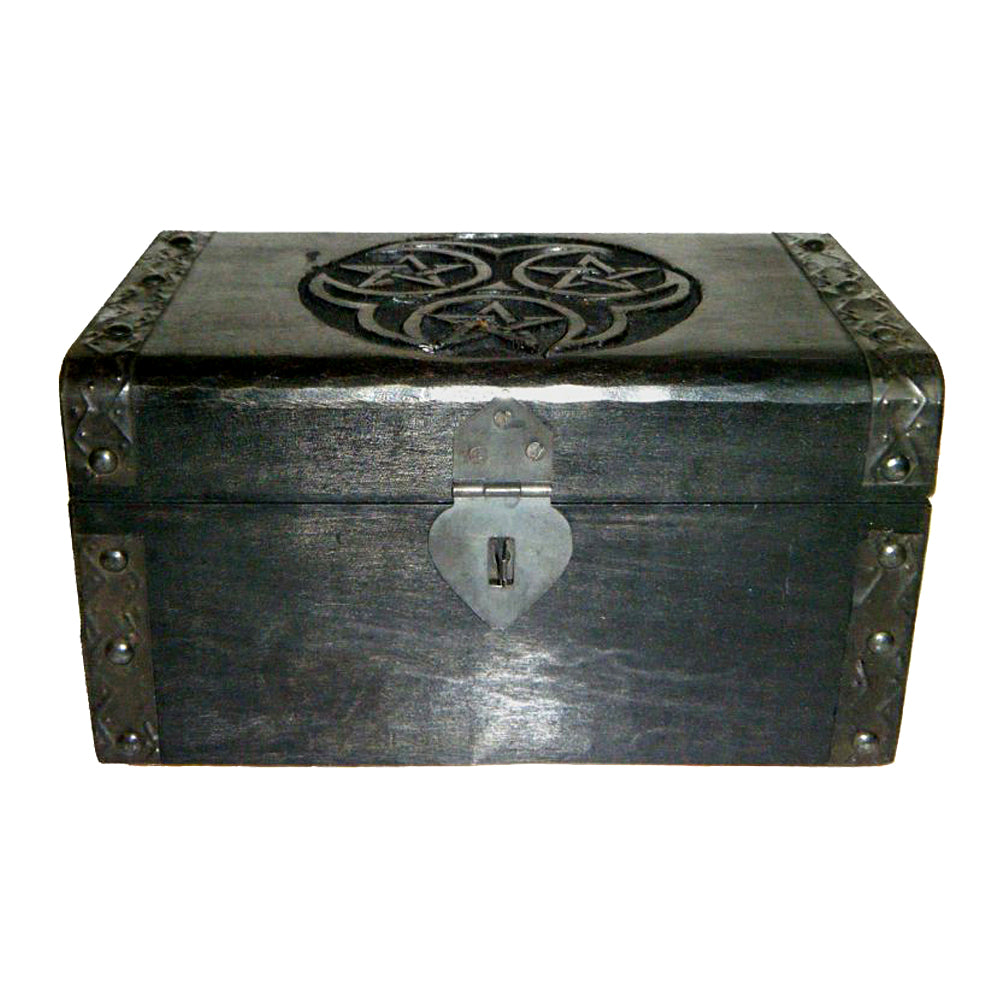 Triple Pentagram Wooden Chest interior view showing velvet lining for jewelry and ritual item storage.