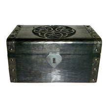 Triple Pentagram Wooden Chest interior view showing velvet lining for jewelry and ritual item storage.