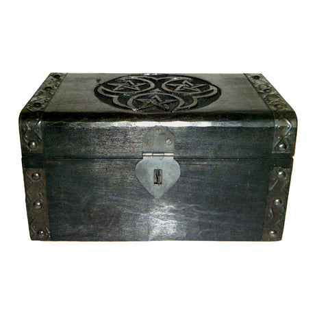 Triple Pentagram Wooden Chest interior view showing velvet lining for jewelry and ritual item storage.