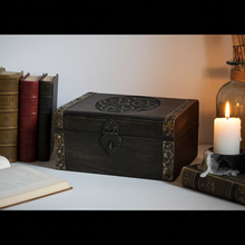 Triple Pentagram Wooden Chest latch detail for secure storage of altar tools and treasures.