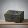 Triple Pentagram Wooden Chest with latch for storing crystals, tarot cards, and altar keepsakes.