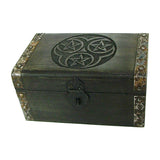 Triple Pentagram Wooden Chest with latch for storing crystals, tarot cards, and altar keepsakes.