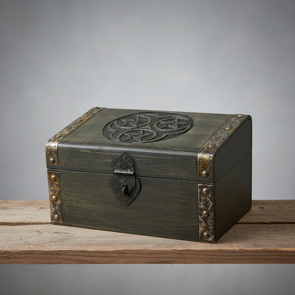 Triple Pentagram Wooden Chest with latch for storing crystals, tarot cards, and altar keepsakes.