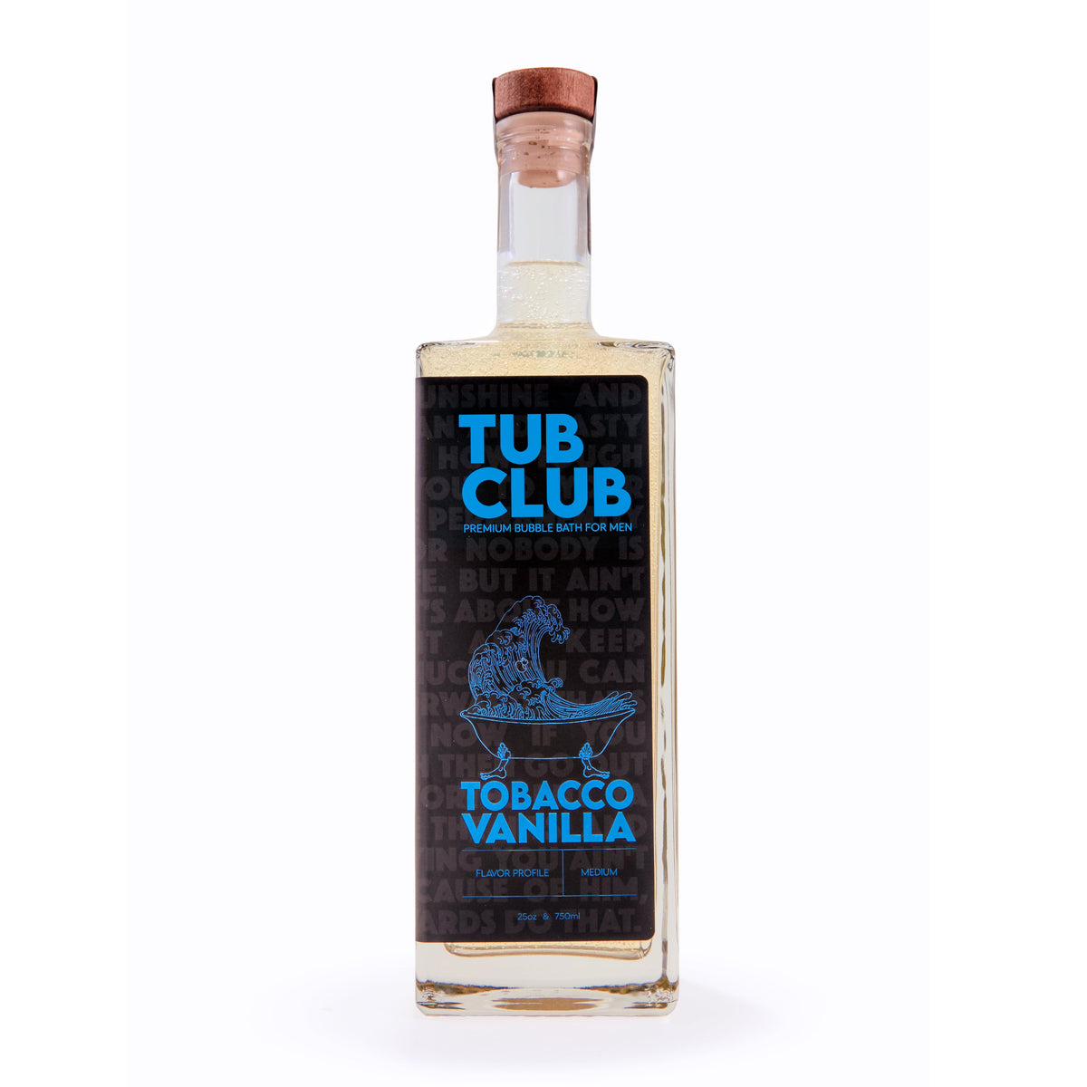 Tub Club Tobacco Vanilla bubble soak black glass bottle close-up