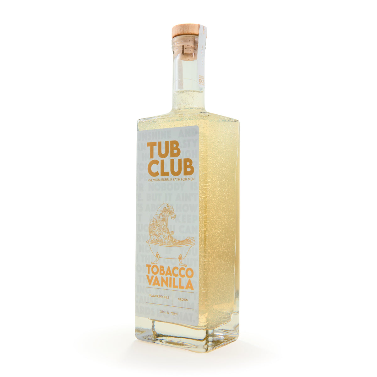 Tub Club Tobacco Vanilla bubble soak in white glass bottle