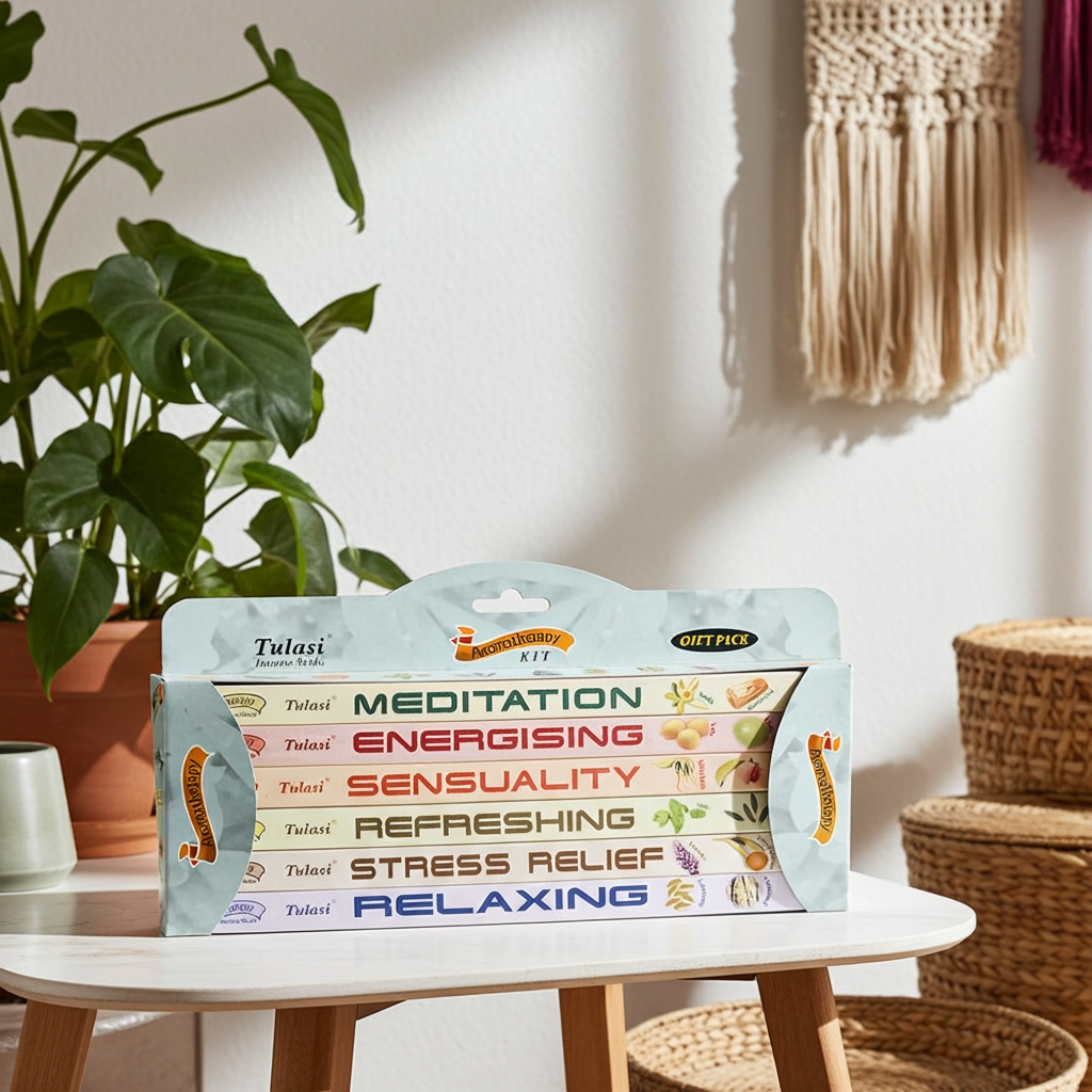 Tulasi 6-in-1 aromatherapy gift pack collection for calming the mind, refreshing rooms, and wellness routines.