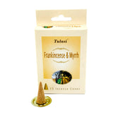 Tulasi Frankincense and Myrrh Incense Cones for meditation, relaxation, and romantic ambiance.