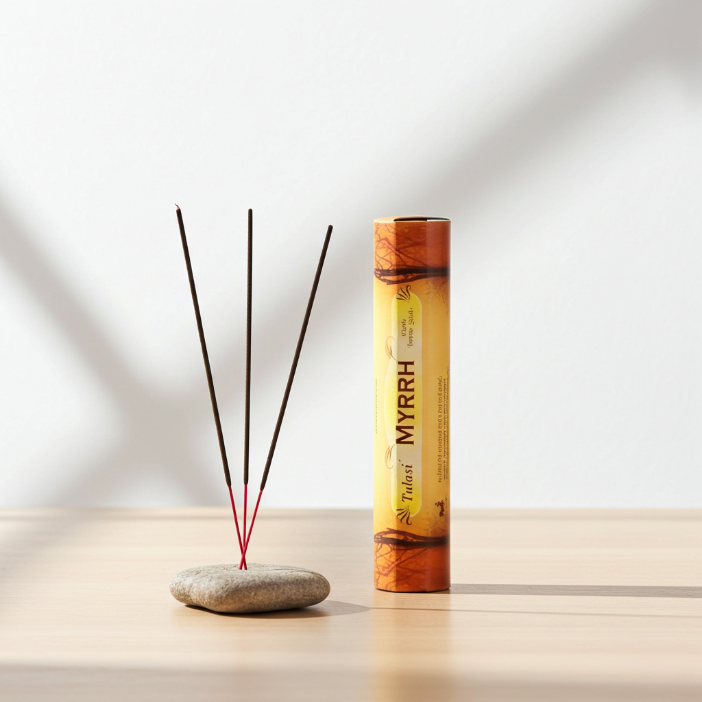 Tulasi Myrrh agarbatti sticks for spiritual rituals, and creating a soothing atmosphere.