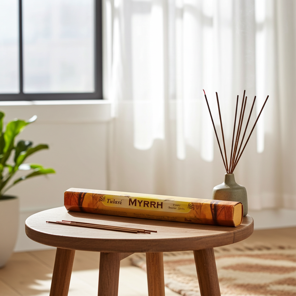 Tulasi Myrrh incense sticks box for relaxation, prayer, and daily aromatic use.