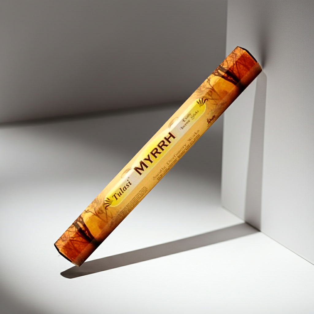 Tulasi Myrrh masala incense sticks for meditation sessions, ritual practice, and calming the space.