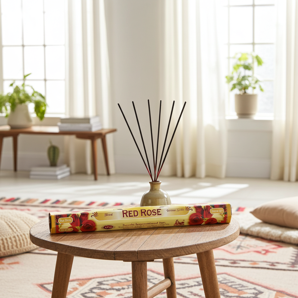Tulasi Red Rose incense sticks pack for aromatherapy, prayer, and peaceful indoor use.