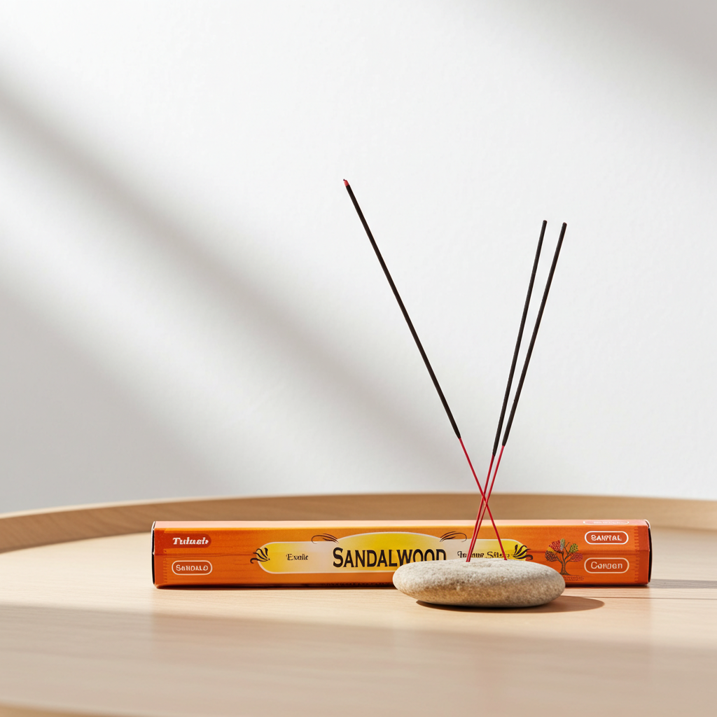 Tulasi Sandalwood incense sticks pack for prayer, aromatherapy, and calming room ambiance.