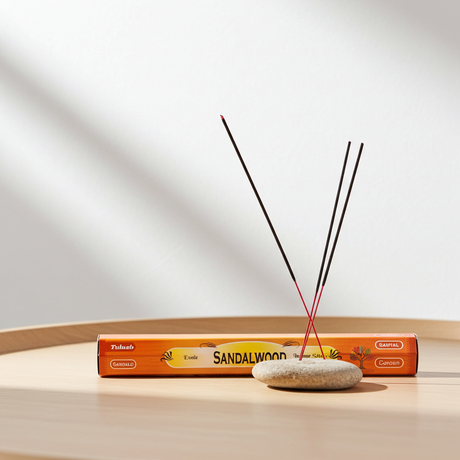 Tulasi Sandalwood incense sticks pack for prayer, aromatherapy, and calming room ambiance.