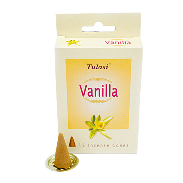 Tulasi Vanilla Incense Cones for meditation, relaxation, and creative focus.