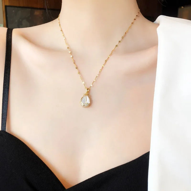 Tulip pendant rhinestone gold collarbone necklace for accenting necklines, formal outfits, and delicate jewelry layering.