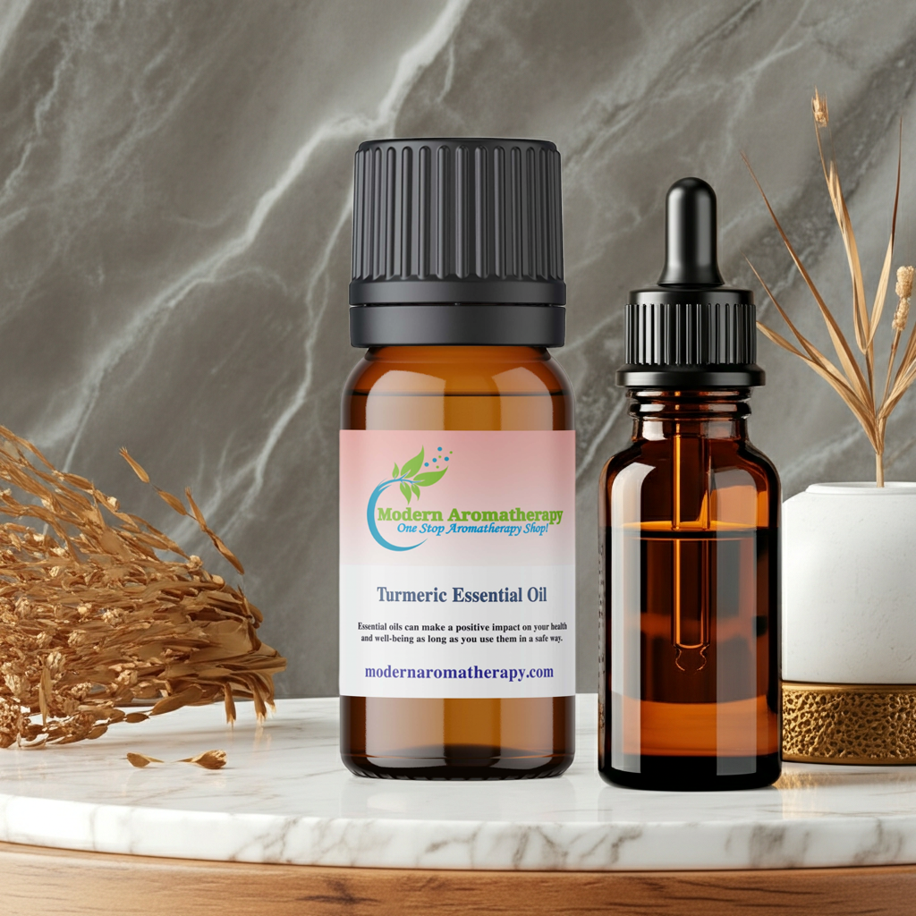 Turmeric essential oil bottle for warm Ayurvedic massage, skin brightening care, and exotic diffuser blends.