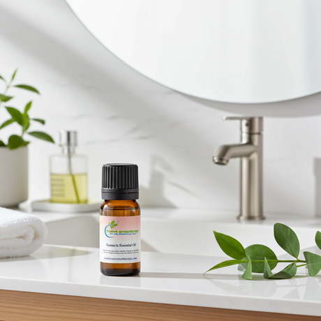 Turmeric Essential Oil dropper bottle for massage blends, topical oil mixing, and self-care routines.