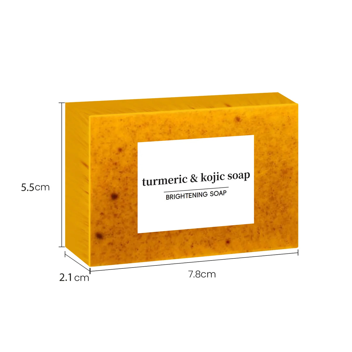 Turmeric Lemon Kojic Acid Soap bar with dimensions label on a clean white background.