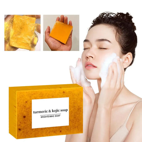 Turmeric Kojic Acid Brightening Soap packaging with person applying to face for daily brightening.