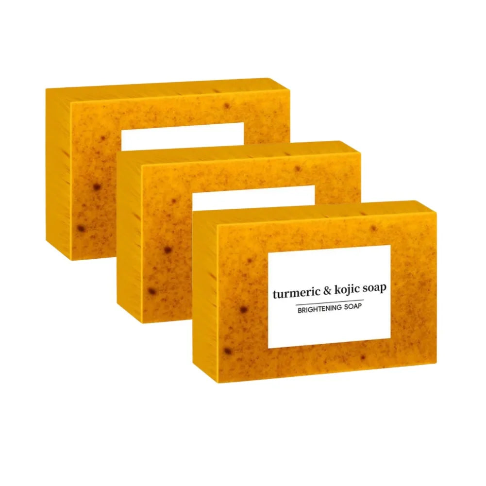 Turmeric Kojic Acid Brightening Soap three bars in wooden packaging on white background.