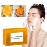 Handmade Turmeric Lemon Kojic Acid Soap with packaging and face wash application for daily cleansing.