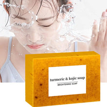 Handmade Turmeric & Lemon Kojic Acid Soap with woman washing face for daily brightening cleanse.