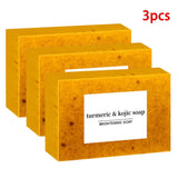 Handmade Turmeric & Lemon Kojic Acid Soap three bars in yellow packaging for daily brightening.