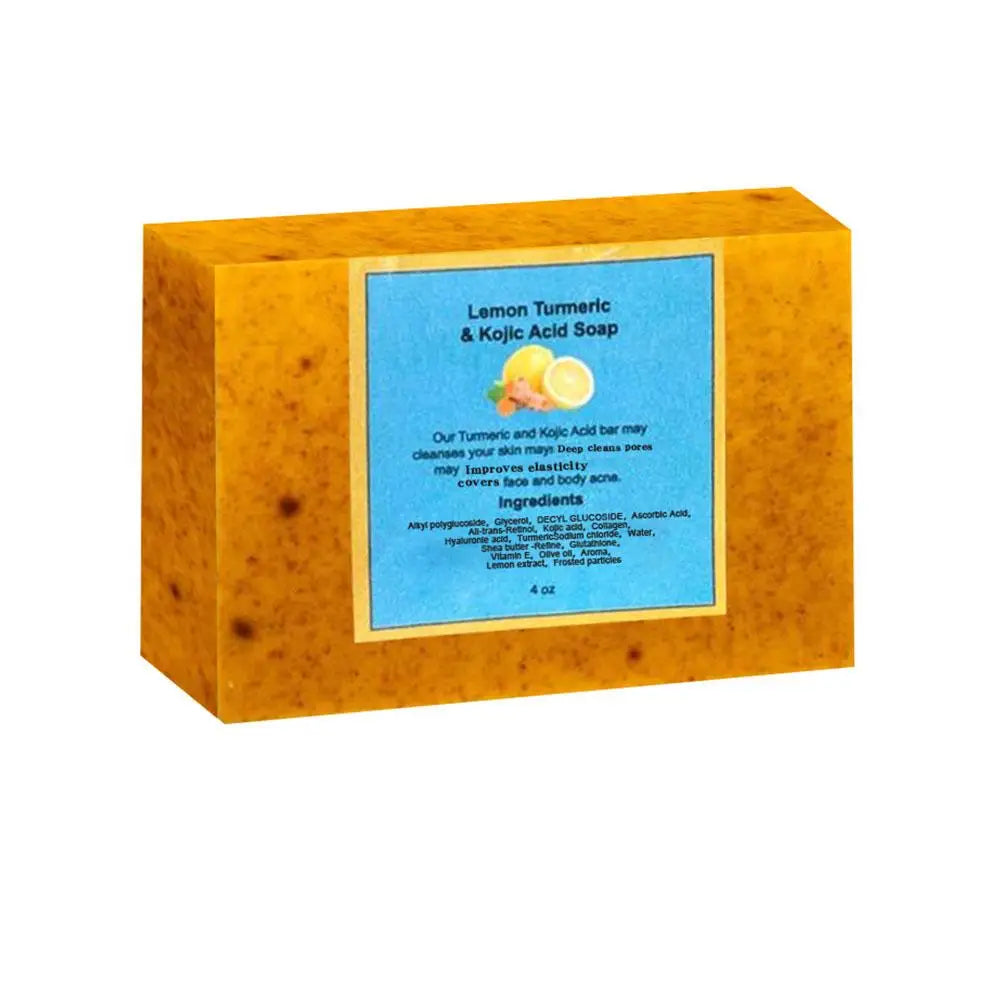Handmade Turmeric Lemon Kojic Acid Soap wooden box display for daily face and body brightening.