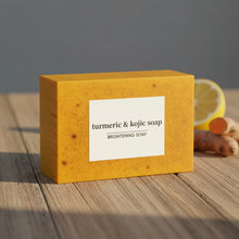 Handmade Turmeric & Lemon Kojic Acid Soap 100g in yellow box for daily face and body brightening.