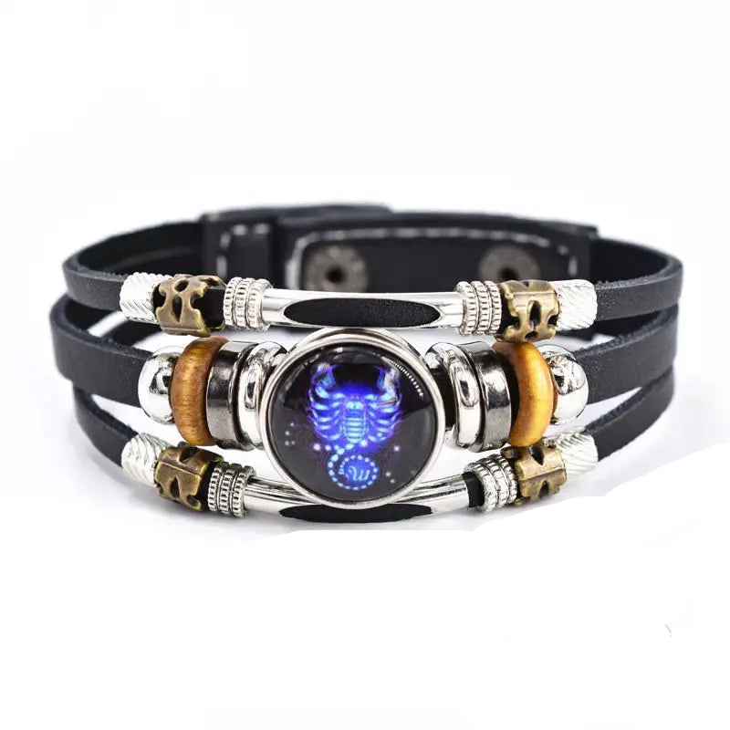 Twelve Constellations boho leather bracelet for relaxed everyday outfits, astrology-inspired fashion, and layered jewelry wear.