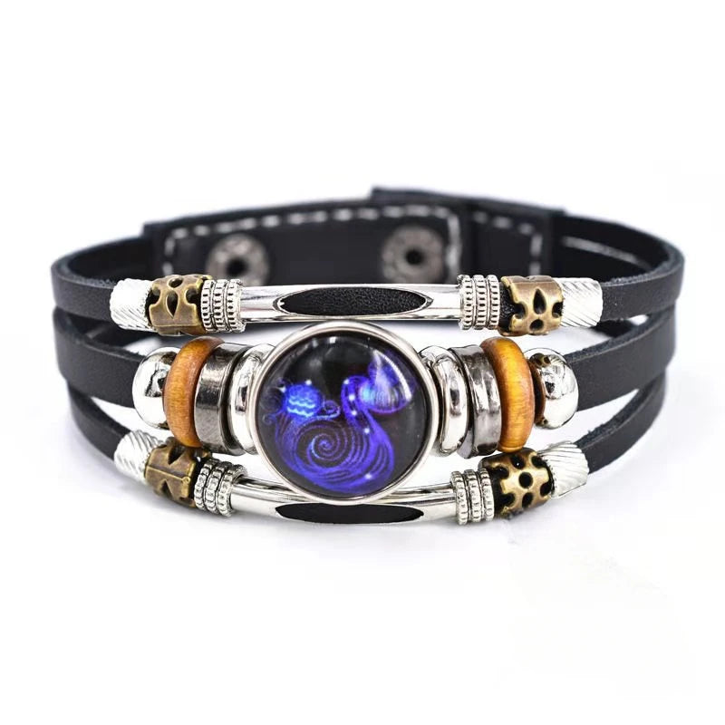 Twelve Constellations charm leather bracelet for zodiac-themed fashion styling and everyday accessory wear.