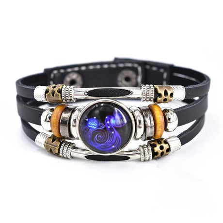Twelve Constellations charm leather bracelet for zodiac-themed fashion styling and everyday accessory wear.