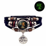 Unisex celestial zodiac leather bracelet for horoscope-inspired outfits, fashion-forward daily wear, and glowing accessory use.